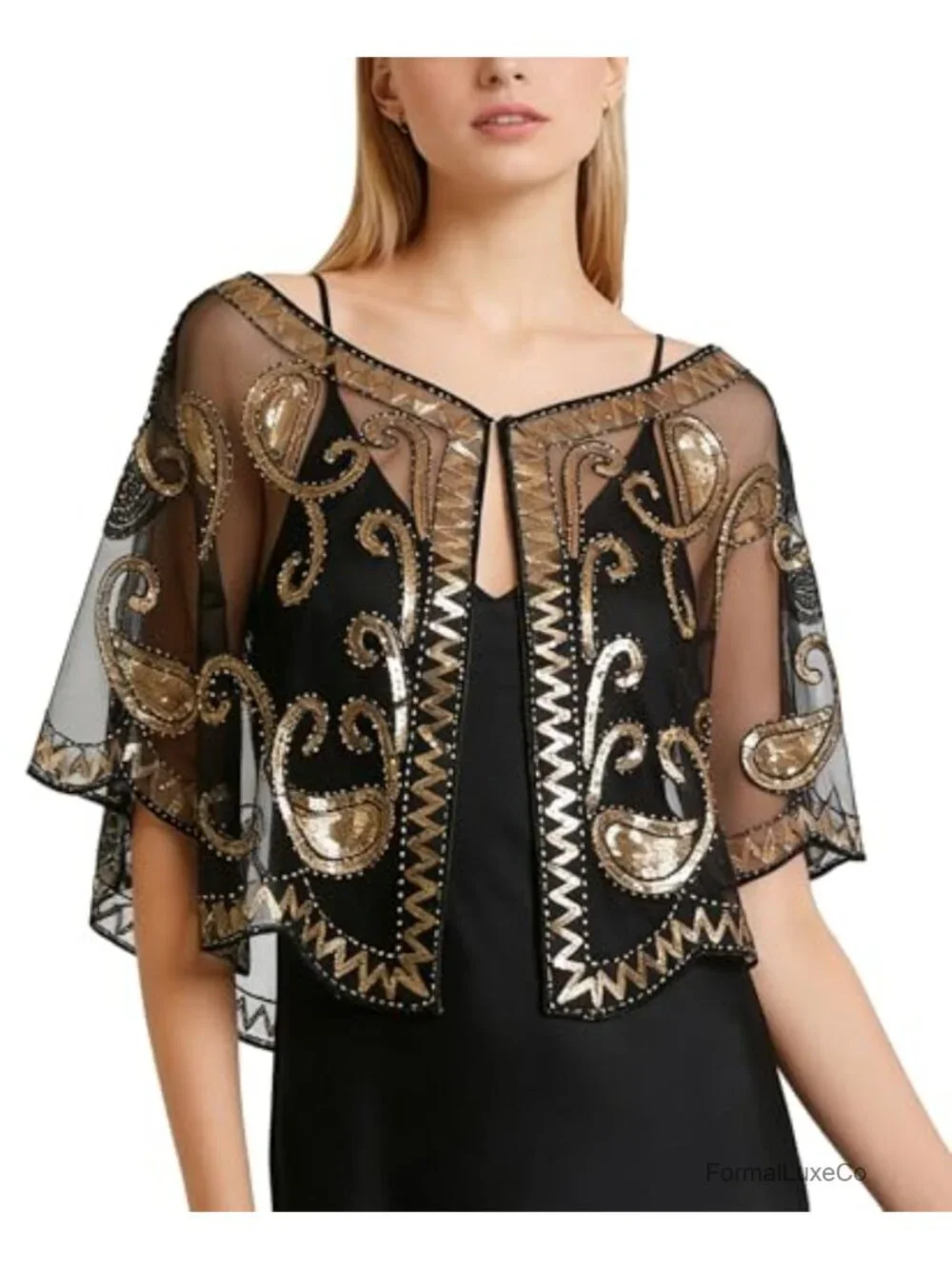 Lace Flapper Capelet Vintage 1920s Sequin Shawl Wrap Evening Dress Cover Up